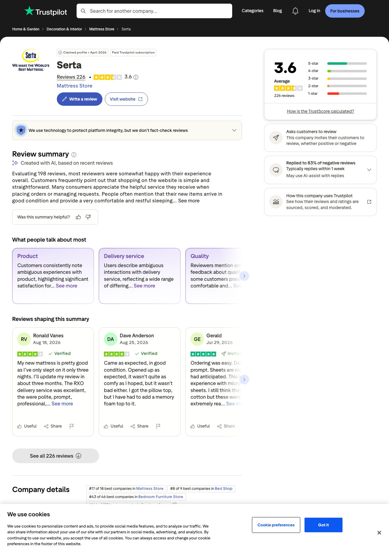 Trustpilot serta.com — 3.6 average, 226 reviews, paid subscription, invited reviews